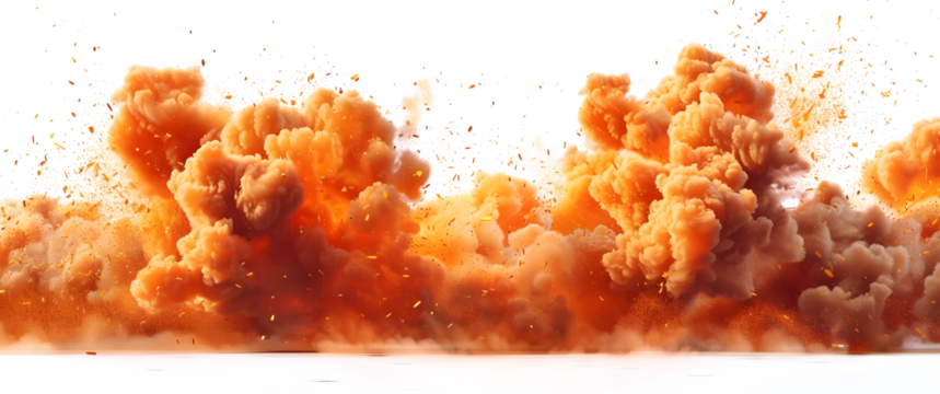 A large cloud of orange smoke billows out of a fire, creating a sense of chaos