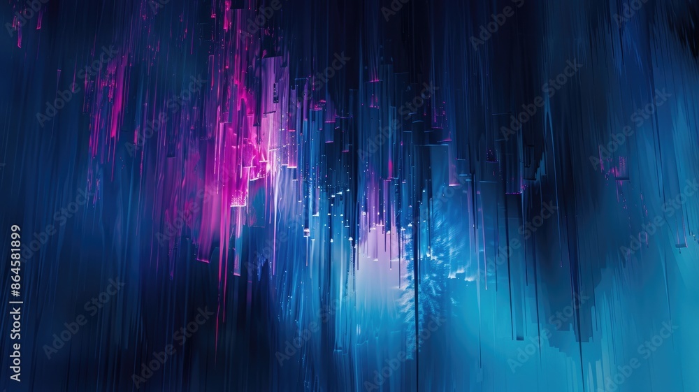 Poster abstract blue digital data streams on a dark background. digital image of future cityscape with blue