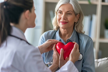 Senior Woman Patient Holding Red Heart During Cardiology Appointment