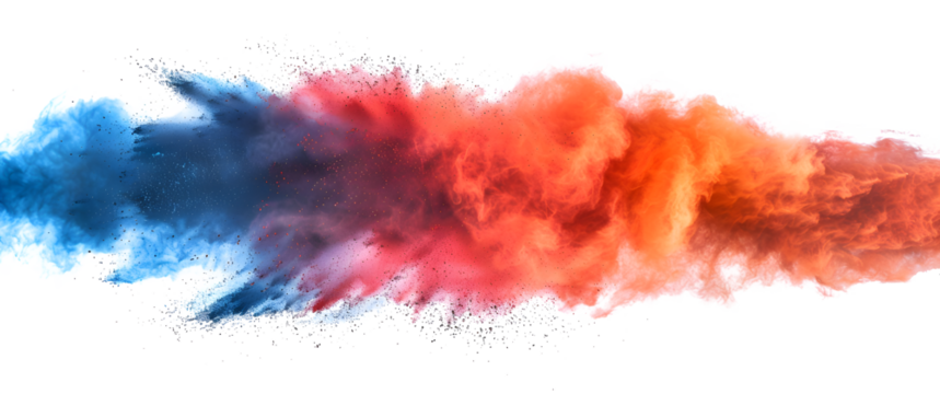 A colorful explosion of smoke and dust is depicted in the image