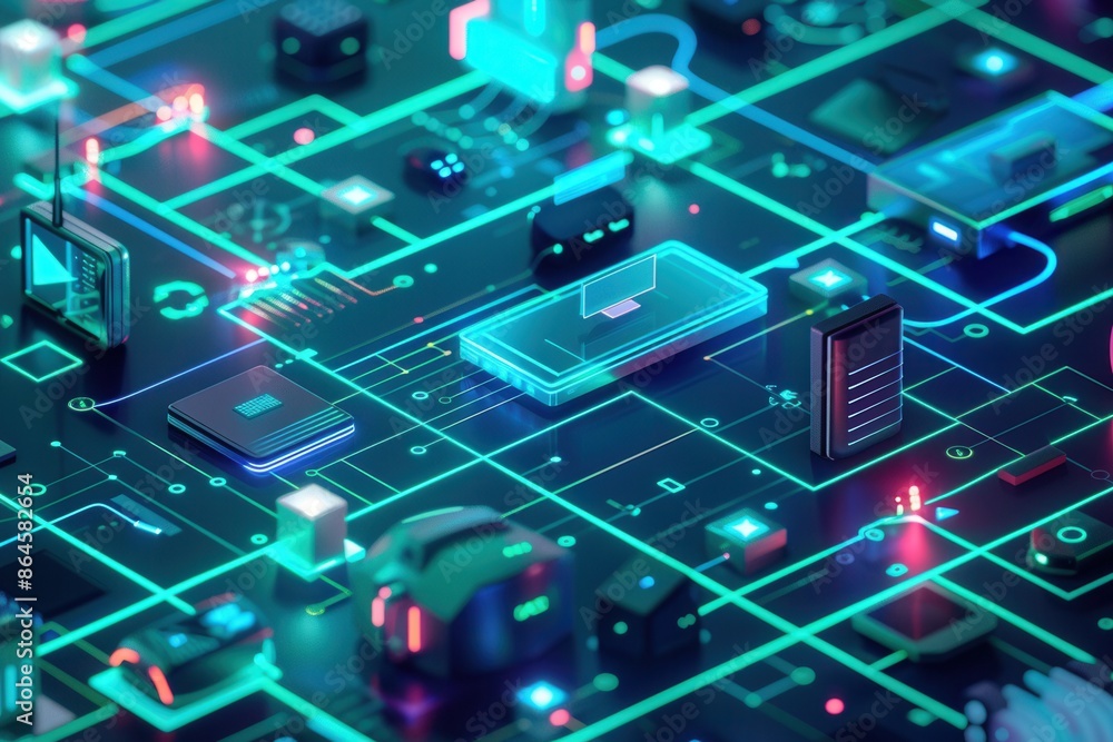 Poster an illustration of various modern network devices interconnected by abstract lines symbolizing data 