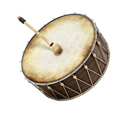 Generic traditional Ramadan drum and stick isolated on transparent background. 3D illustration