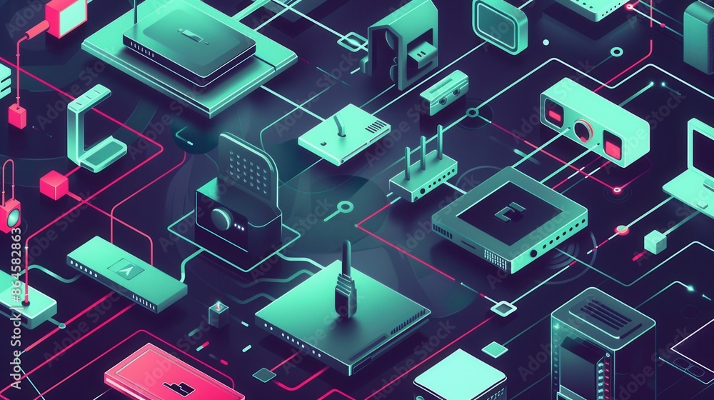 Poster Digital illustration showing devices like routers, modems, and smart home gadgets connected to depict data flow in a network. Generative AI
