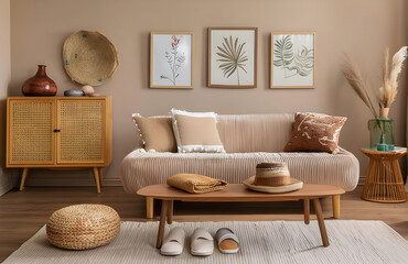 Aesthetic composition of stylish bedroom interior with mock up poster frame, cozy bed, braided pouf, rack, gray armchair, vase with leaves, plaid and personal accessories. Home decor. Template.