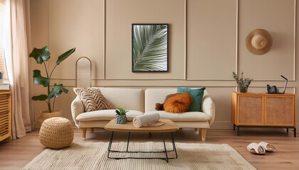 Aesthetic composition of stylish bedroom interior with mock up poster frame, cozy bed, braided pouf, rack, gray armchair, vase with leaves, plaid and personal accessories. Home decor. Template.