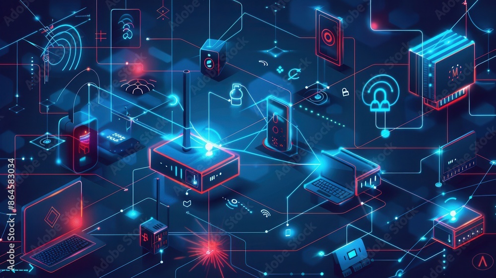 Poster an illustration depicting a complex network of routers, modems, and smart home devices, connected by