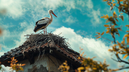 A white stork is standing in a nest on top of the roof of an old tower, blue sky © Flowal93