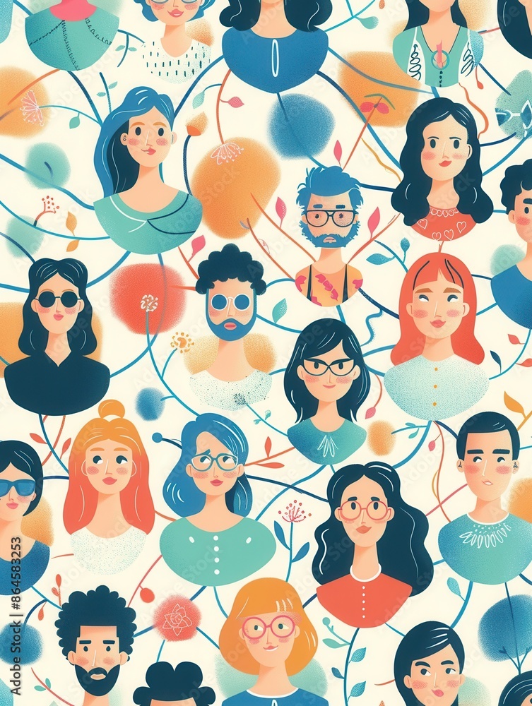 Poster colorful illustration depicting a diverse group of influencers connected to their followers through 