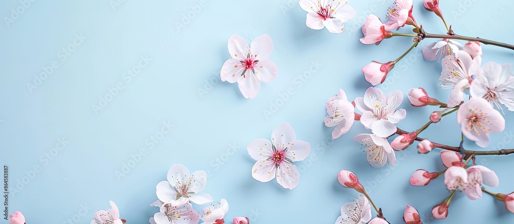 Poster cherry blossoms arranged on a soft blue backdrop, creating a spring-themed image with a top-down vie