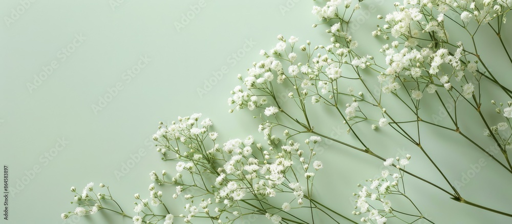 Poster gypsophila flower card on light green background with space for writing, displayed flat. copy space 
