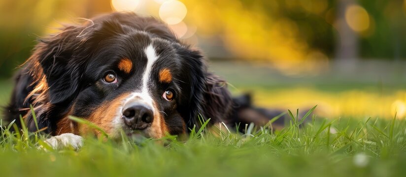 Bernese Zennenhund dog resting in grass with copy space image.