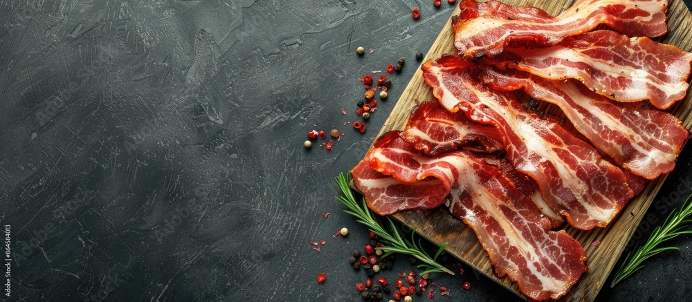 Canvas Prints A rustic top-down view of a table presentation featuring fresh pork bacon slices, suitable for use as a cooking ingredient or appetizer, with copy space for the image.