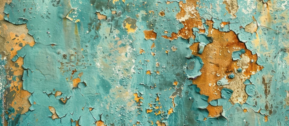 Poster old paint with rust and defects on a wall provides a textured background for images with copy space.