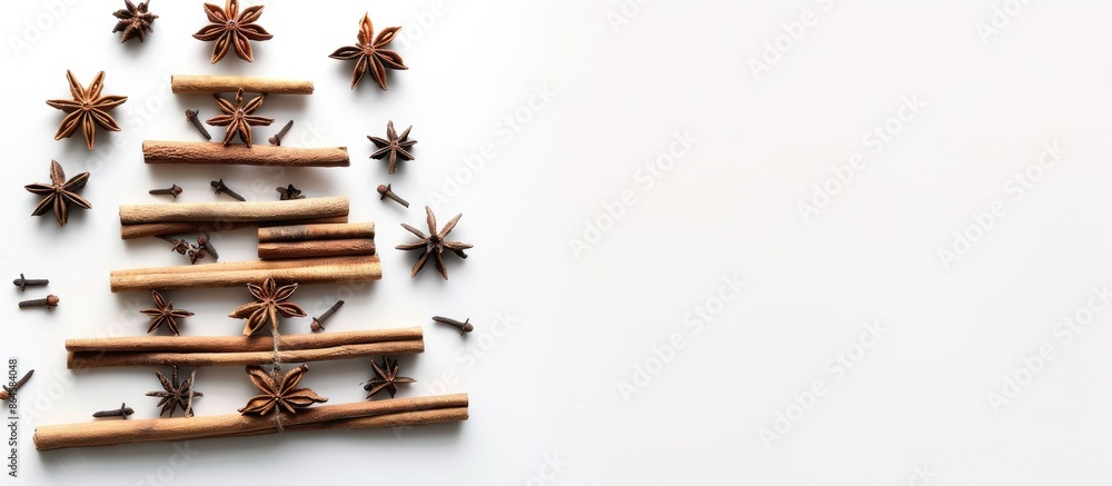 Poster a unique christmas tree made from anise and cinnamon sticks on a white background creates a festive 