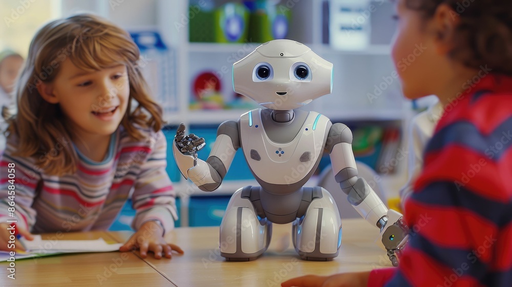 Aufkleber the picture of the robot is staying inside the classroom that has been filled with the children to g