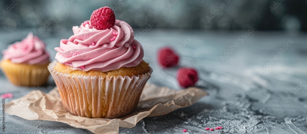 Poster homemade cupcake on parchment paper with empty space for text or image on the right side. focus is s