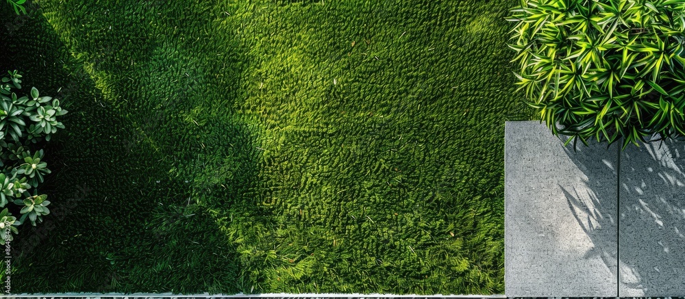 Poster exterior element viewed from above showing artificial grass carpet as a backdrop with copy space ima