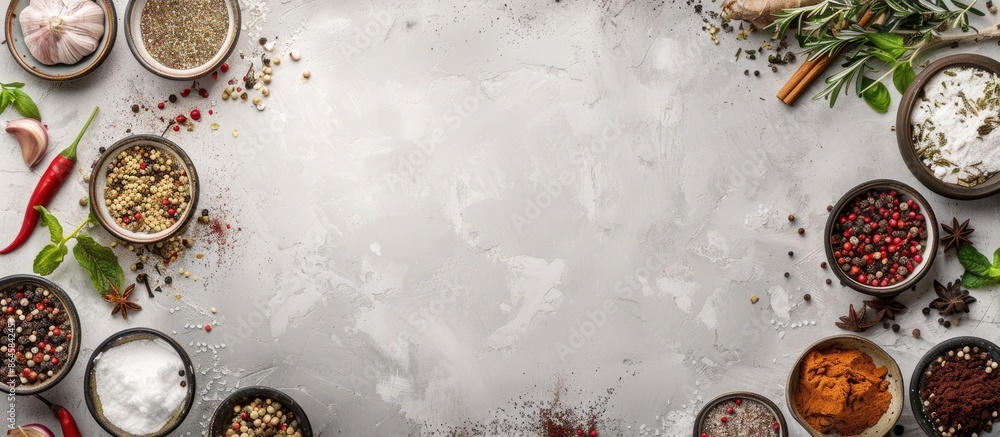 Poster cooking spices arranged for a top view photo with empty space for text or other elements; suitable f