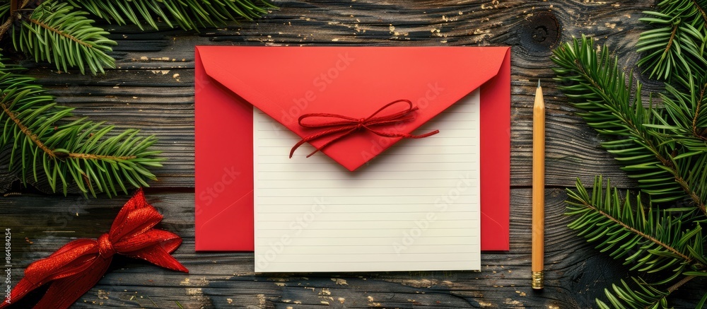 Poster christmas card with red envelope, notepad, pencil, pine branches, and a festive bow - all on a backg