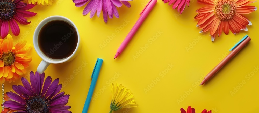 Aufkleber decorative array of aster flowers and colorful felt-tip pens on a yellow backdrop with a cup of coff