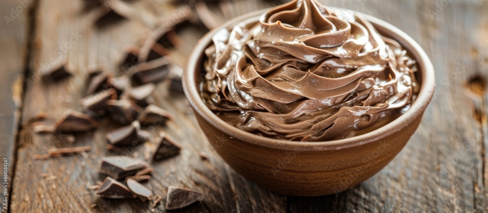 Poster close-up of a delectable chocolate cream being whipped in a bowl on a wooden table with room for tex