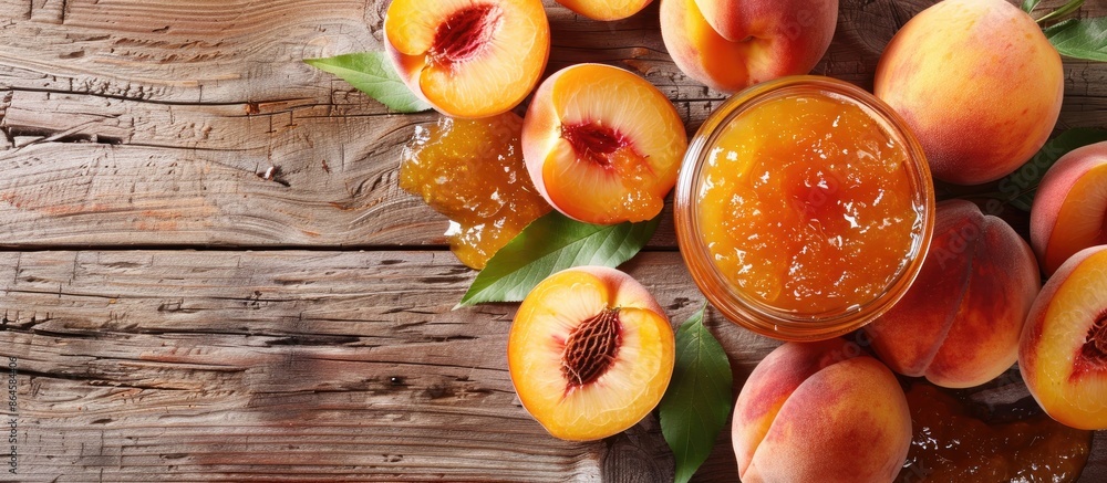 Poster homemade canned peach jam and fresh ripe peaches with rustic farm charm displayed on a wooden table 