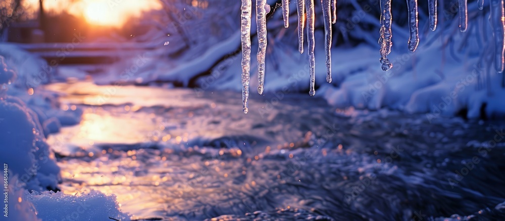 Poster springtime brings the sight of icicles hanging from the melting river's frozen edges, creating a bea