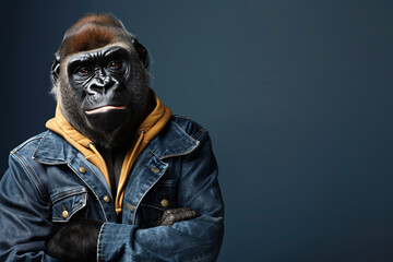 Gorilla wearing a denim jacket with a serious expression against a plain background