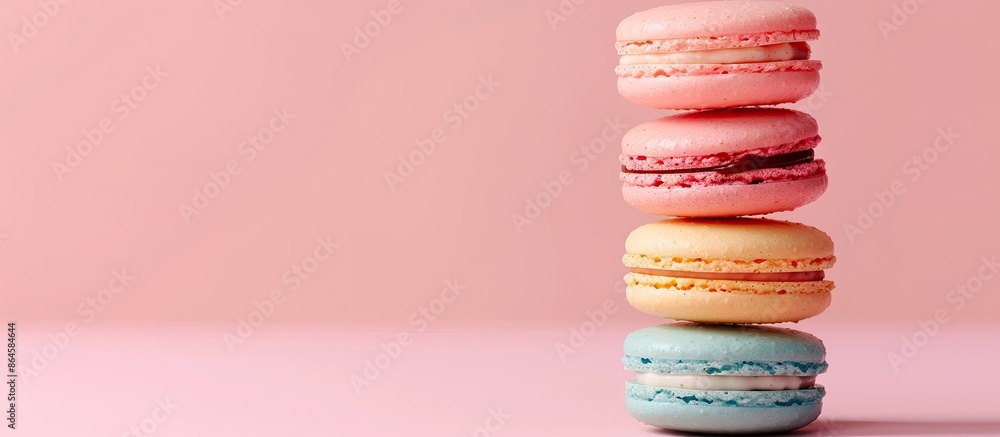 Aufkleber multicolored macaron displayed against pale pink backdrop with copy space image.