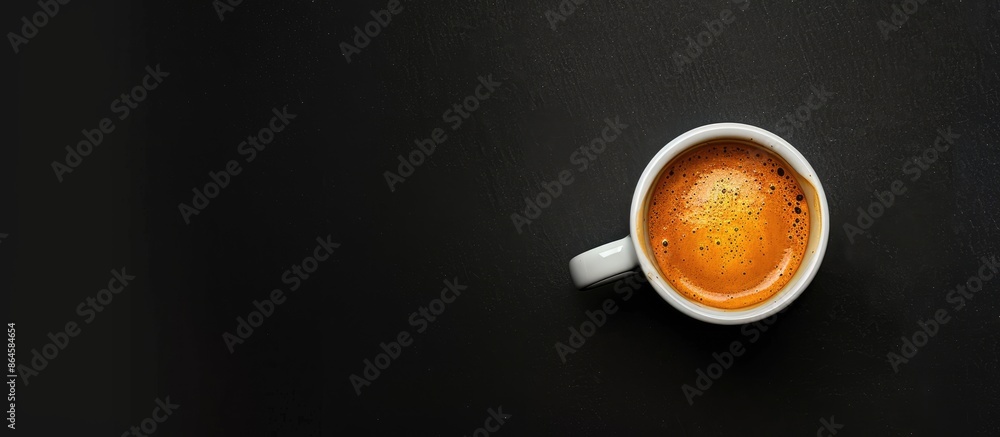 Poster half a cup of espresso on a black background with a clear area for text or images. copy space image.
