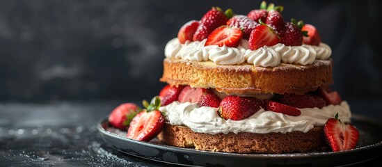 A Victoria sponge cake topped with fresh strawberries and whipped cream on a dark background, with available space for adding text or images. Copy space image. Place for adding text and design
