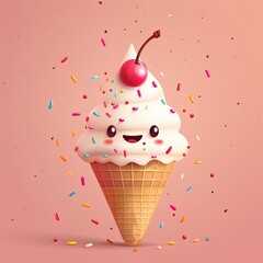 Cute cartoon ice cream cone with a cherry on top, surrounded by sprinkles.
