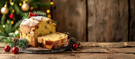 Italian Christmas panettone cake displayed on a wooden background with ample copy space image.