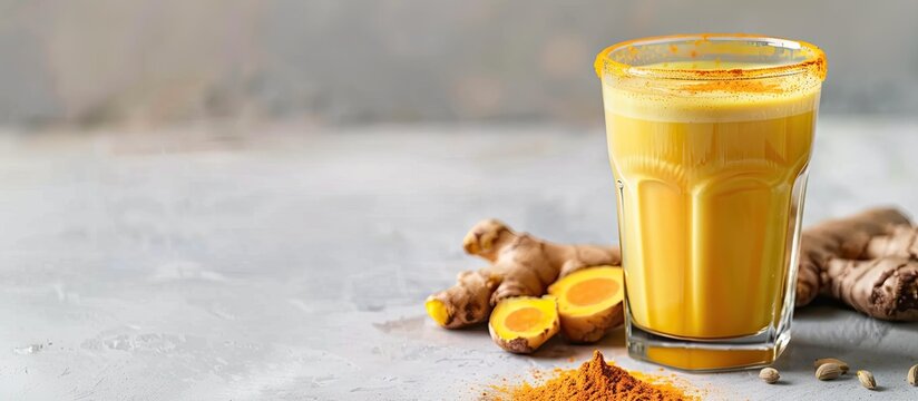 Golden yellow turmeric latte in a glass on a light background with copy space image. Welcome the warm tones of this Indian drink, turmeric golden milk.
