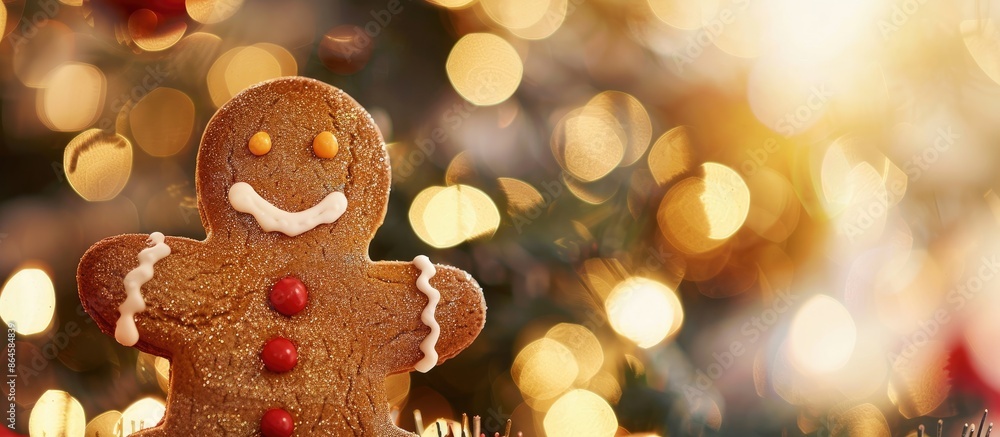 Poster close-up of an adorable gingerbread man with a christmas tree in the backdrop, enhanced by a blurred