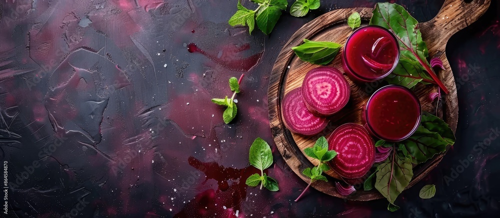 Poster table set with sliced beet and juice glasses on wooden board; ideal for a copy space image.