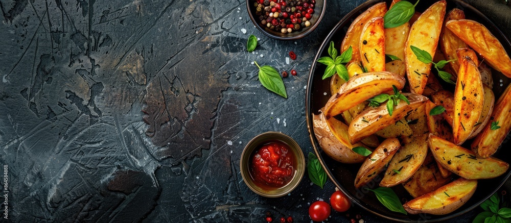 Poster top view of country-style potato wedges with herbs and sauce, in a panoramic photograph with empty s
