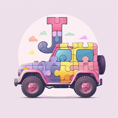 A colorful jeep shaped from puzzle pieces with a large letter J above it.