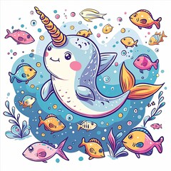 A cute cartoon narwhal swims in the ocean, surrounded by colorful fish and bubbles.