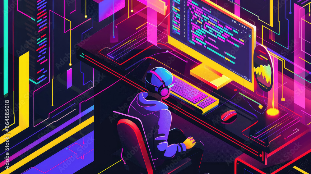 Poster a person sits at a computer workstation illuminated by neon lights. the screen displays code, and th