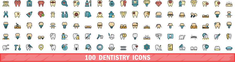 100 dentistry icons set. Color line set of dentistry vector icons thin line color flat on white