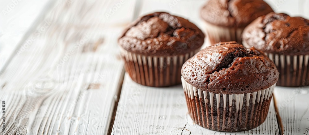 Sticker Selective focus on chocolate muffins placed on a white rustic wooden table with room for text or graphics, creating a picturesque copy space image.