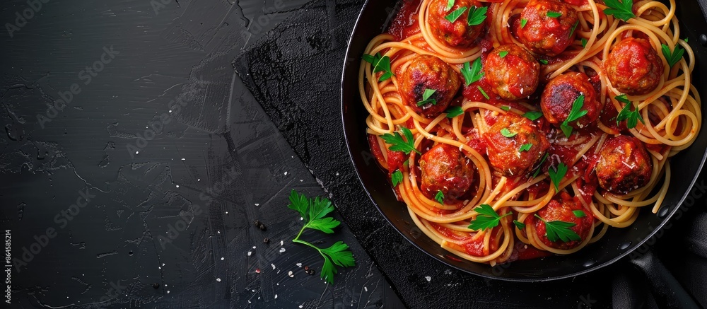 Poster top view of a frying pan with spaghetti and meatballs in tomato sauce, garnished with parsley, on a 