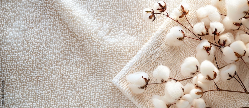 Poster top view of fluffy cotton flowers on a beige terry towel, with room for text in the image. copy spac