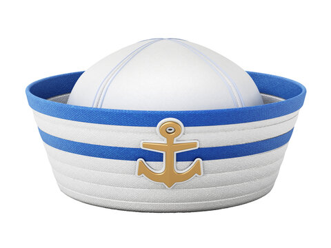 Striped white and blue sailor hat isolated on  transparent background. 3D illustration