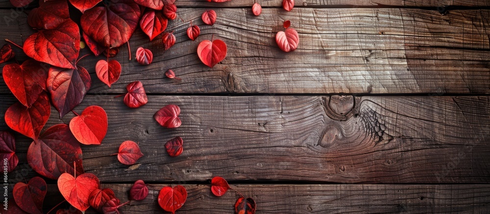 Poster heart-shaped red autumn leaves on a wooden fall backdrop with room for text or images. copy space im