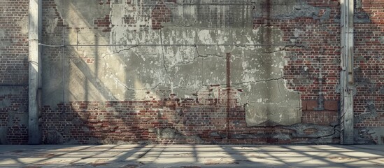 Horizontal copy space image featuring vintage bricks and textured concrete blocks in an industrial setting.