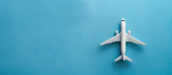 A creative flat lay image on a blue background featuring a miniature toy airplane, perfect for travel concepts, with ample copy space.