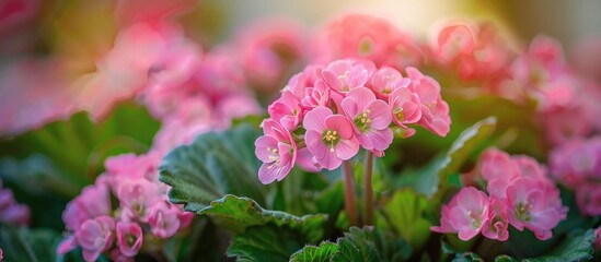 Pink flowers of the heart-leaved bergenia, a beautiful ornamental plant, are showcased in a close-up copy space image.