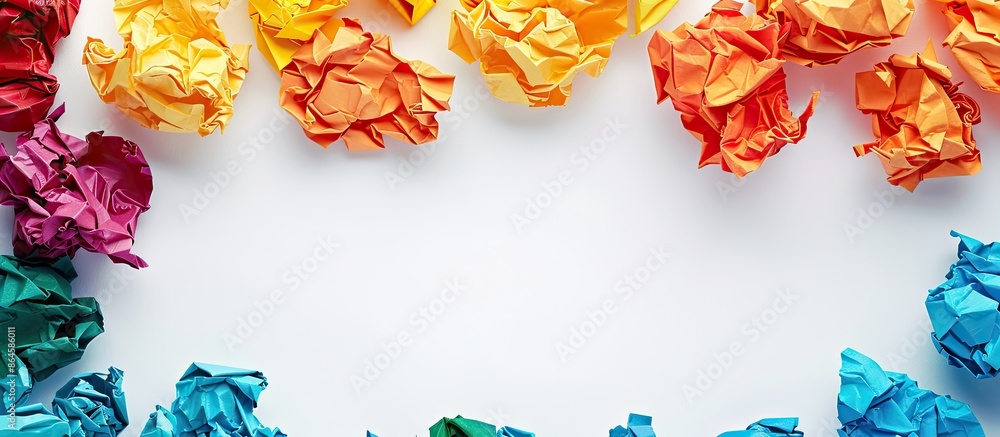 Poster colorful crumpled paper displayed on a white background with ample copy space for creative concepts 
